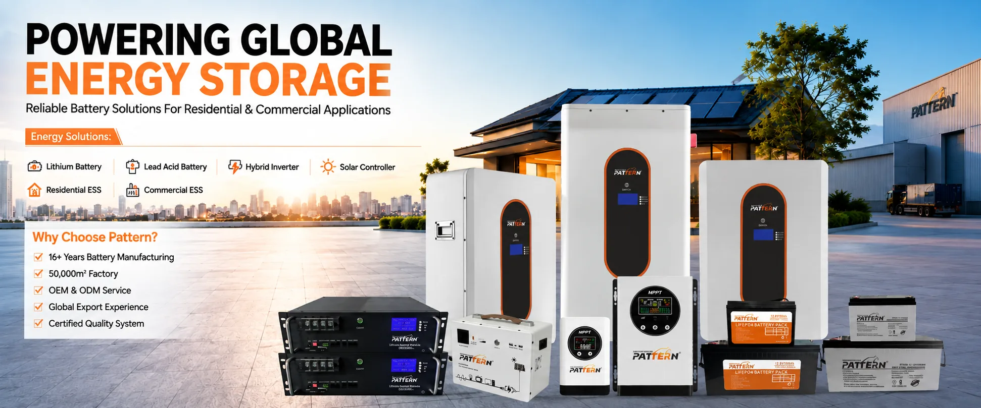 PATTERN global energy storage product family — batteries, inverters and controllers