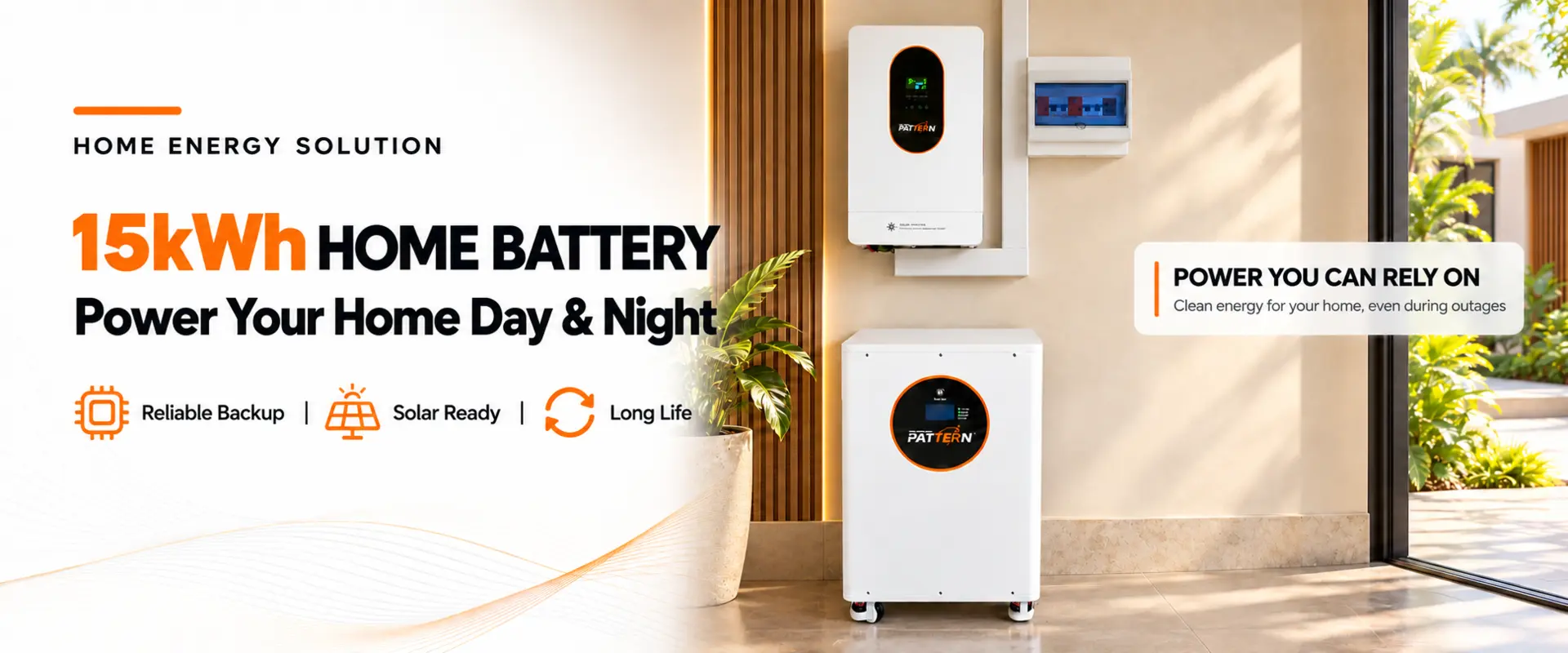 PATTERN 15kWh home battery and hybrid inverter for reliable solar backup power