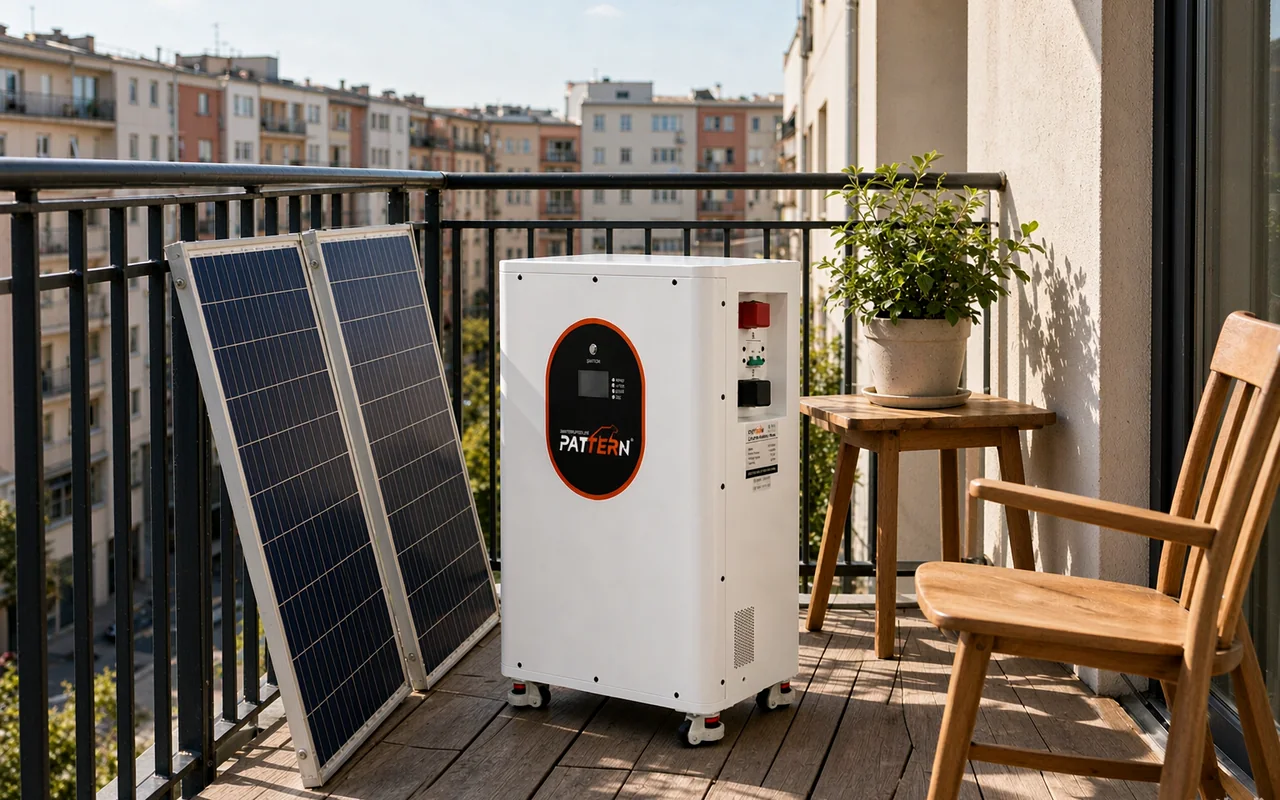 Balcony energy storage kit with plug-in solar panels and compact PATTERN battery on a European apartment balcony