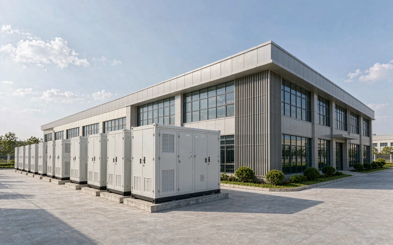 PATTERN commercial and industrial battery energy storage cabinets beside a factory building