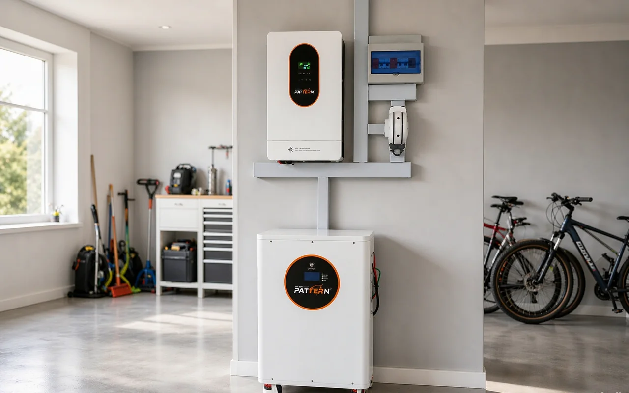 PATTERN home energy storage system with wall-mounted and floor-standing LiFePO4 batteries installed in a modern home, no PV panels required