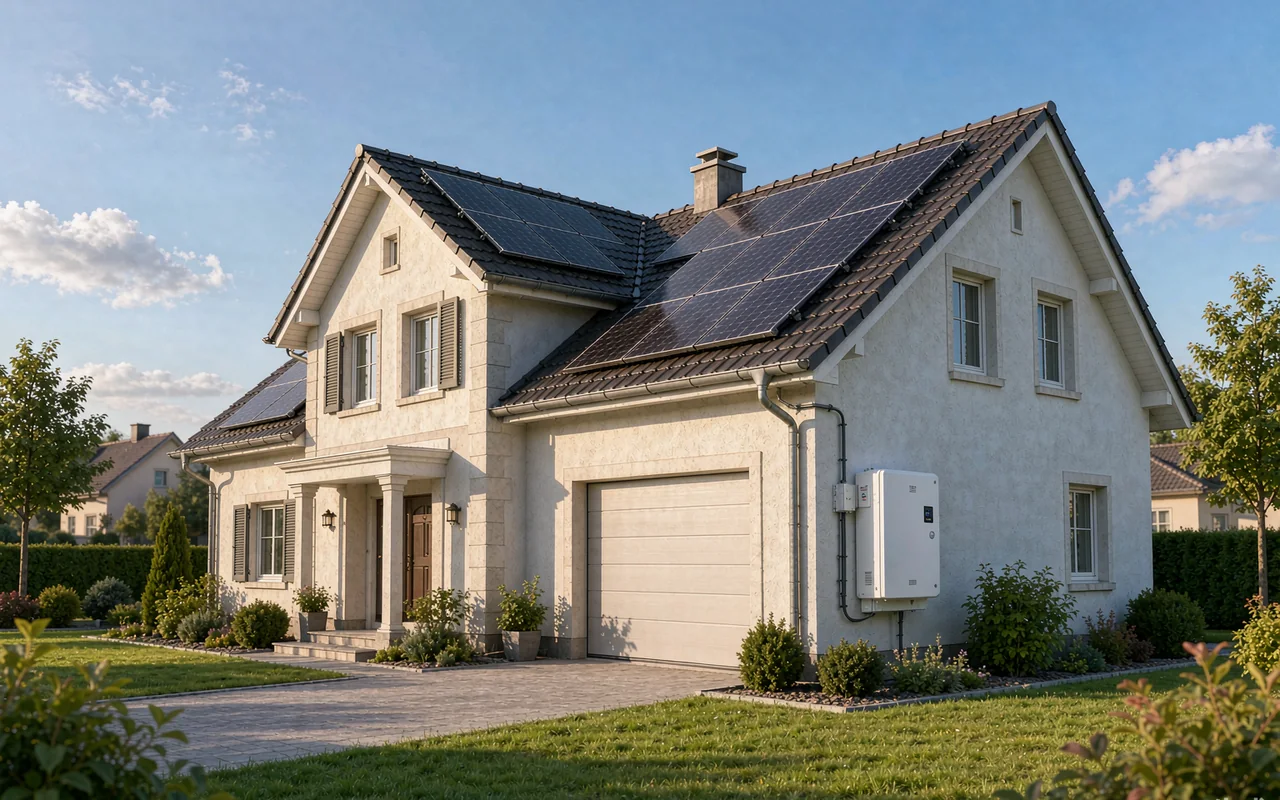 European home with rooftop solar panels and a PATTERN wall-mounted battery storage unit