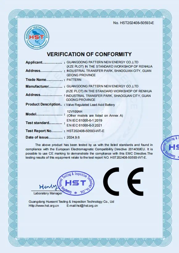 PATTERN CE — Lead Acid Battery certificate or report