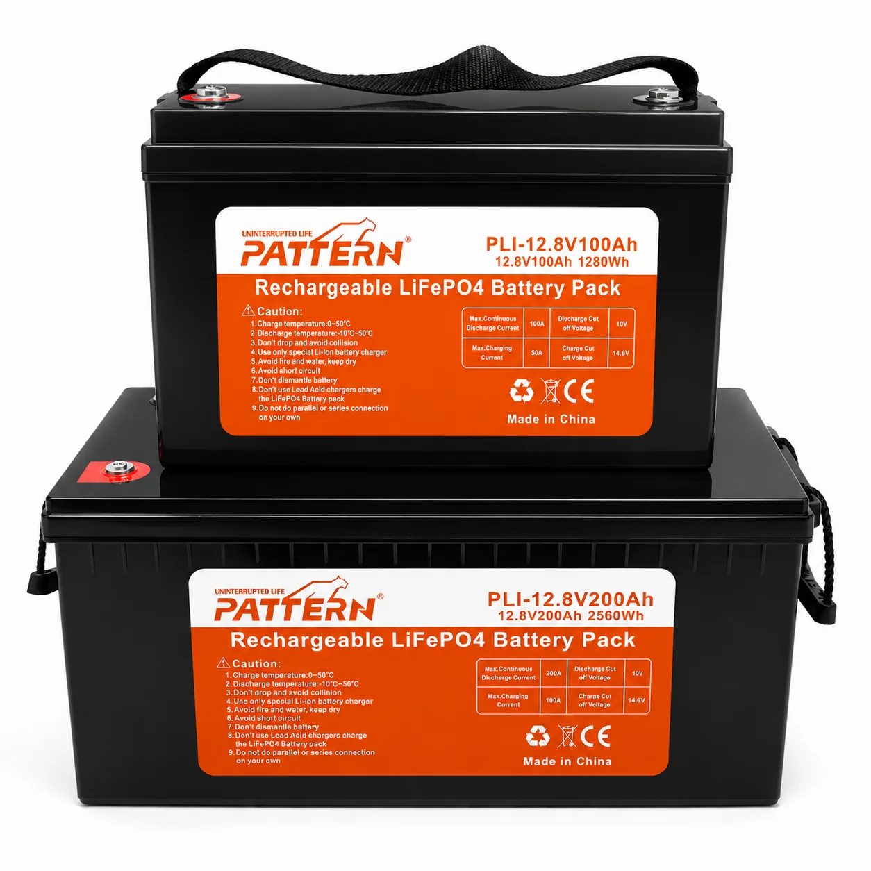 PATTERN PLI 12.8V 100Ah and 200Ah LiFePO4 battery pack, drop-in lead-acid replacement
