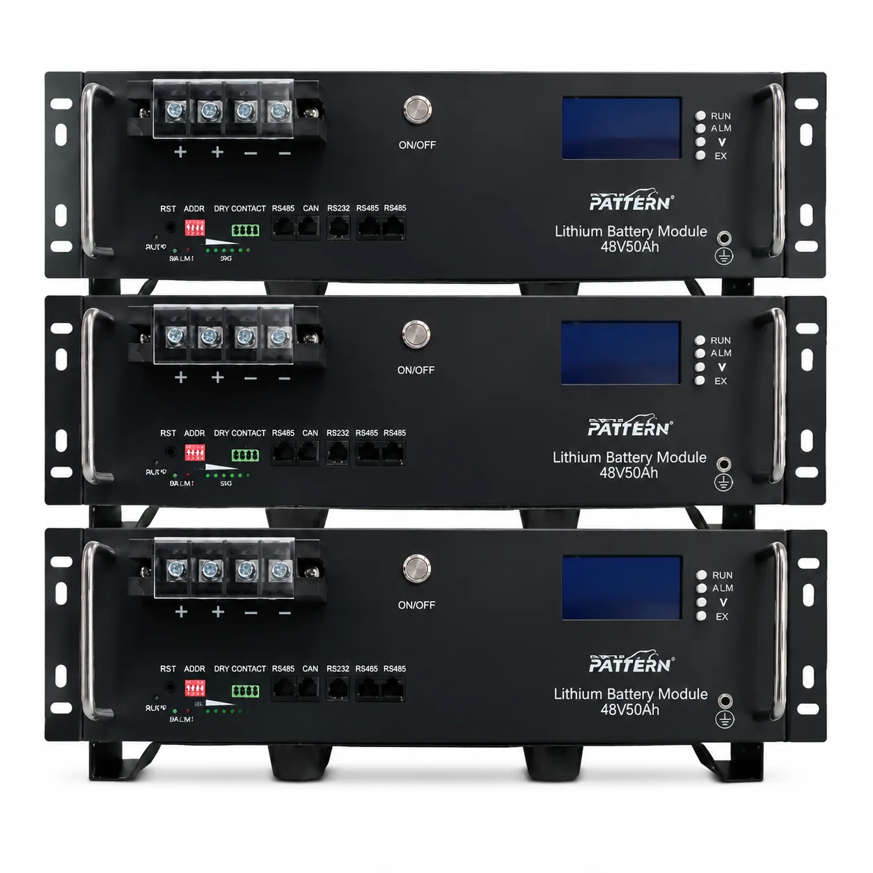 PATTERN 48V rack-mounted LiFePO4 battery modules stacked for commercial energy storage